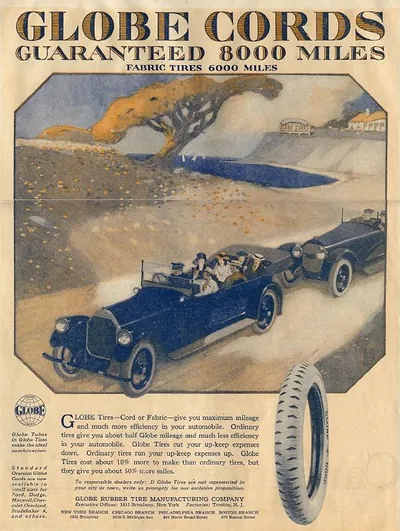 Globe Cords tire advertisement with touring car on coast road