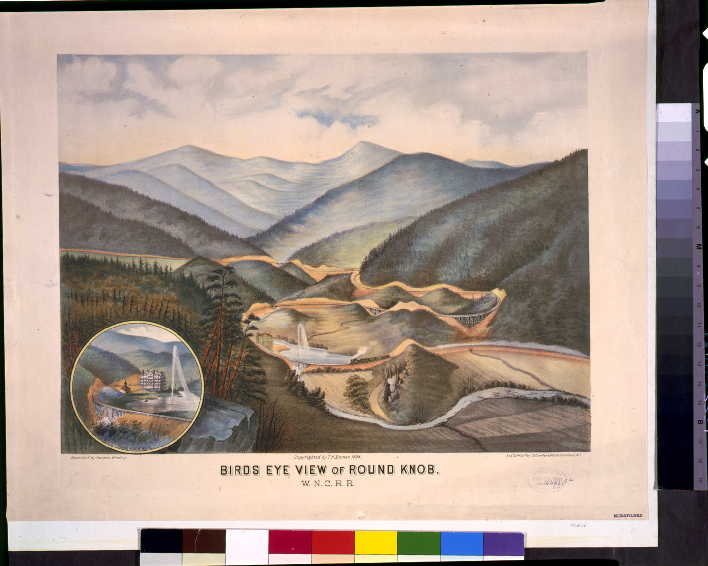 Bird's-eye view of Round Knob. W.N.C.R.R. / sketched by Horace Bradly; engd. & printed. by C.G. Crawford, N.Y., c1884. — antique lithograph