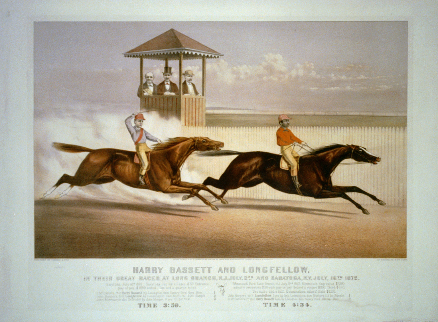 Harry Bassett and Longfellow in their great races at Long Branch, N.J., July 2nd and Saratoga, N.Y., July 16th 1872., New York : Published by Currier & Ives, c1872. — antique lithograph