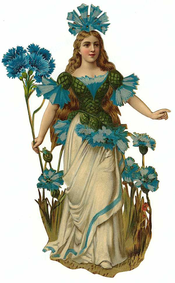 Die-cut scrap of woman in blue cornflower costume — historic image