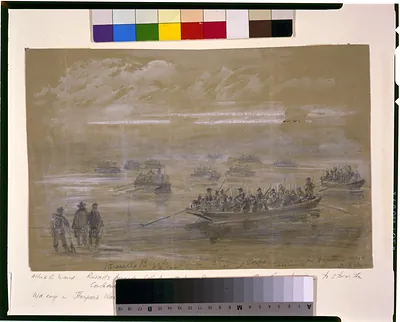 Russells Brigade, 1st div. 6th Army Corps, crossing in Pontoons to storm the enemies rifle pits on the Rappahannock