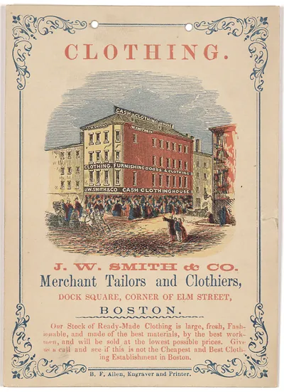001da Clothing. J. W. Smith & Co. merchant tailors and clothers, Dock Square, corner of Elm Street Boston