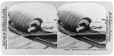 Niagara - Mrs. Taylor in her barrell to make her daring trip [over Niagara Falls]