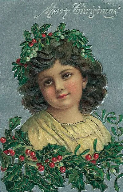 Merry Christmas postcard of a girl with holly