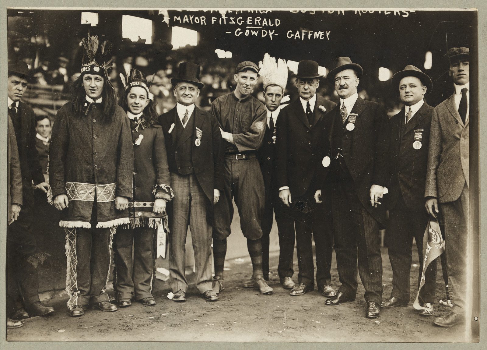 [John Francis Fitzgerald, mayor of Boston, full-length portrait, standing, facing front, Hank Gowdy, Mr. Gaffney, and others, on opening day of the World Series, Boston], 1914 Oct. 10. — historic photograph