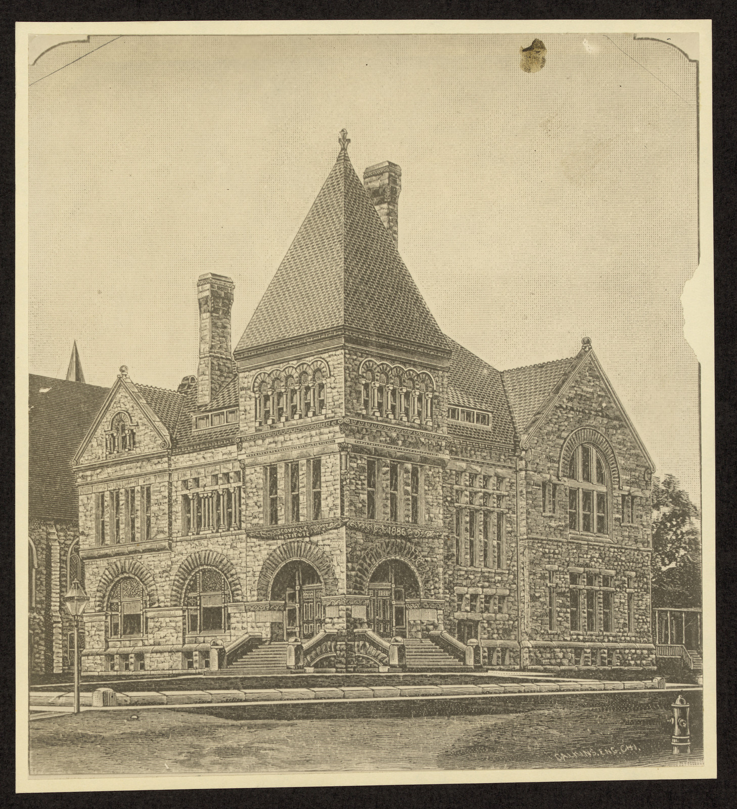 Engraved view of a stone public building with tall pointed tower — historic image