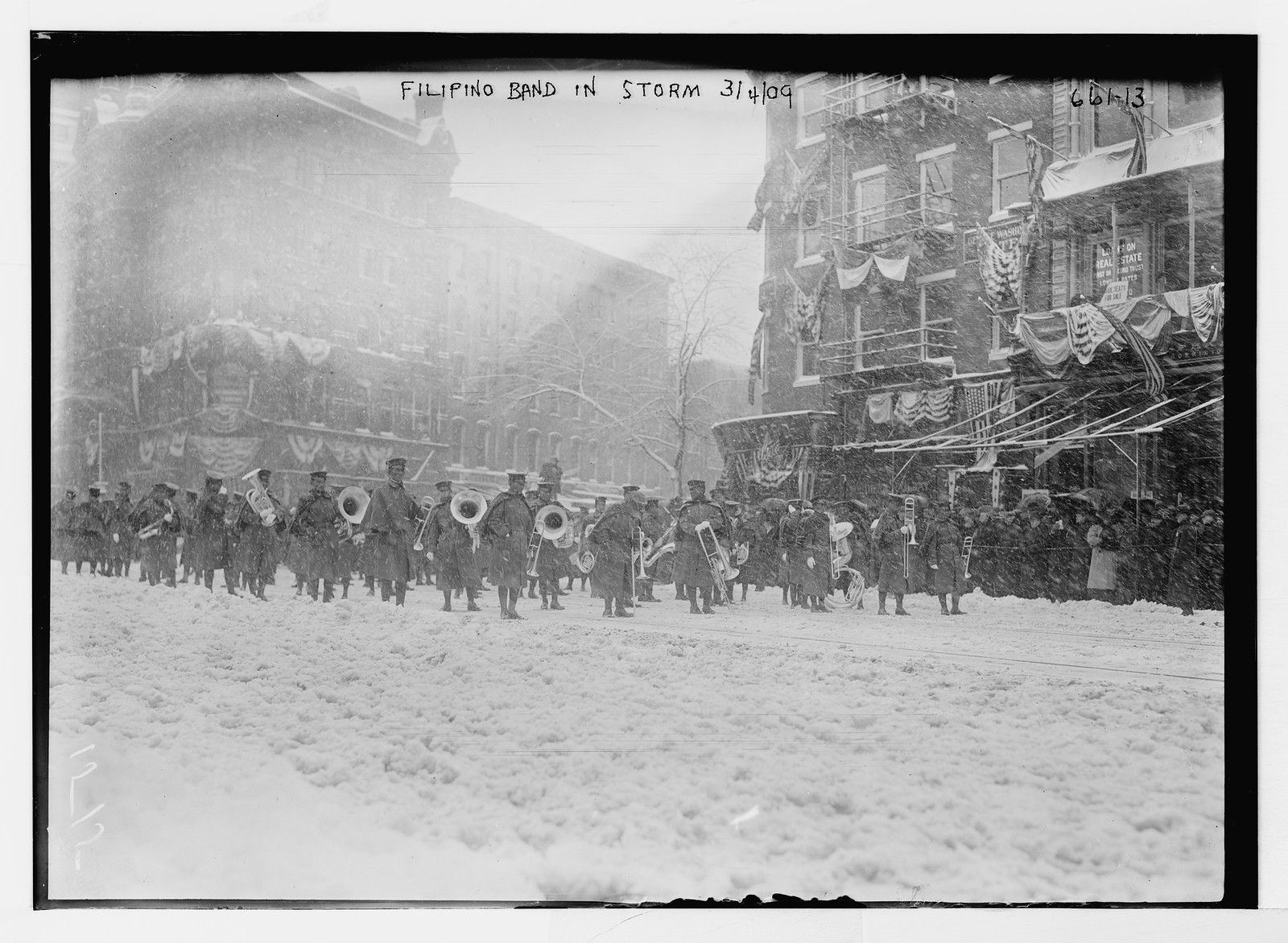 Inaugural parade, Flipino Band, snowstorm, Washington, D.C., 3/4/09. — historic photograph