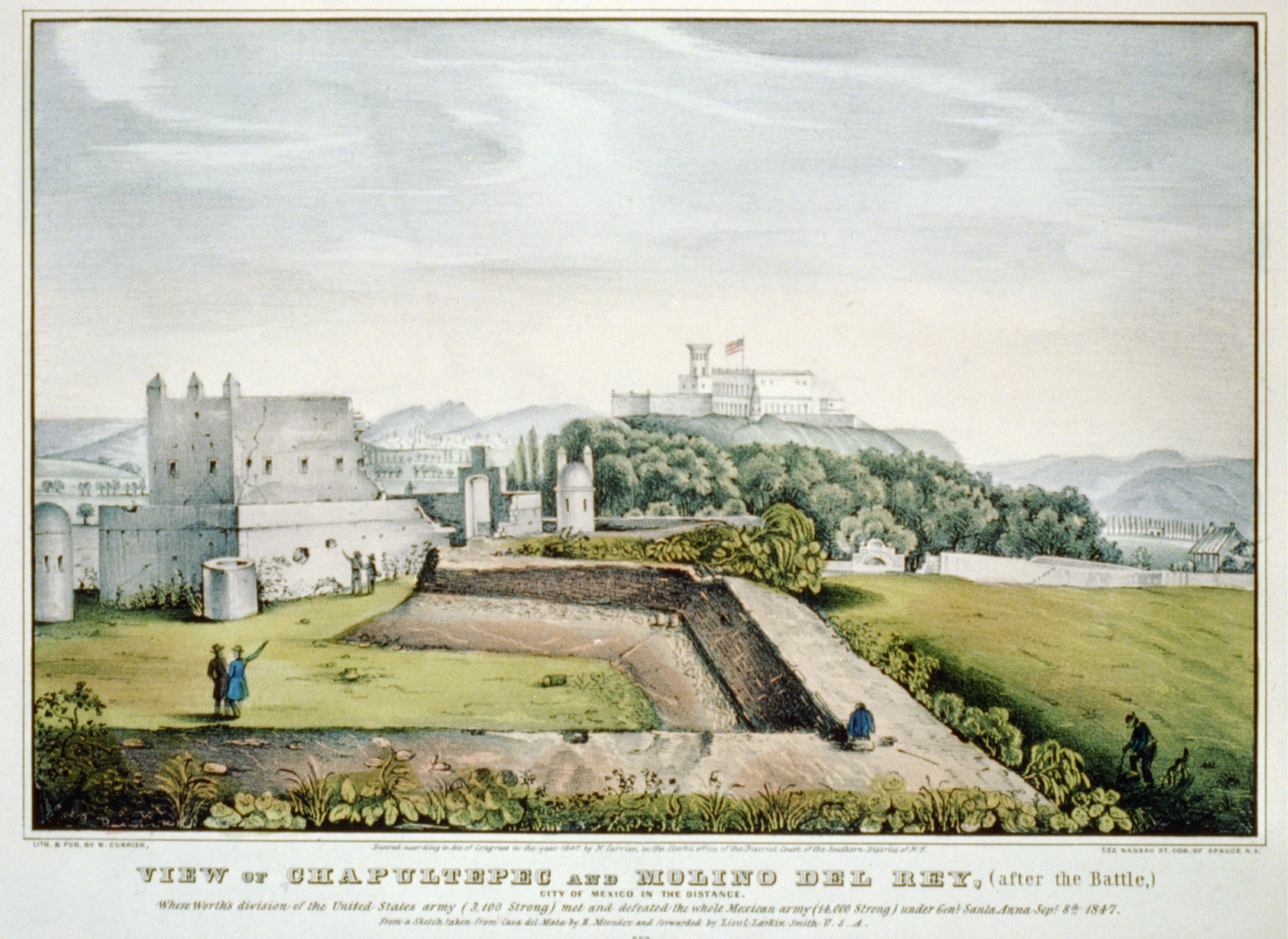 View of Chapultepec and Molino del Rey, (after the battle,): City of Mexico in the distance, New York : Published by N. Currier, c1847. — antique lithograph