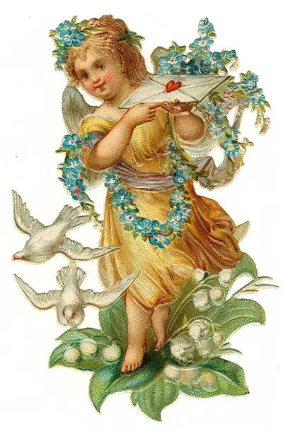Victorian angel holding a love letter with doves and flowers