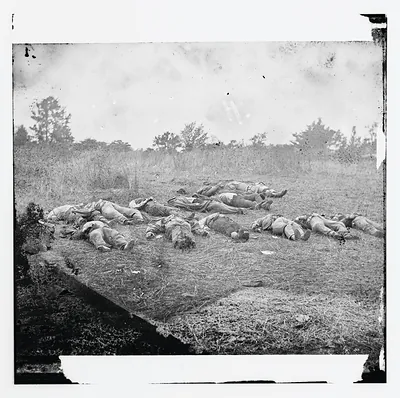 Gettysburg Pennsylvania. Confederate dead view looking toward the orchard on the Ro
