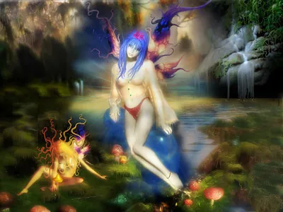Blue-haired fairy with wings beside mushrooms and a waterfall