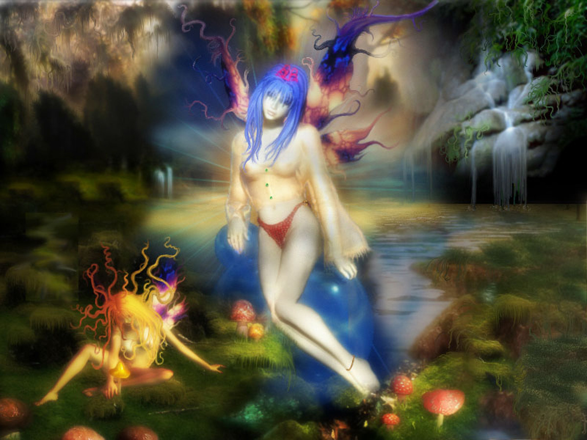 Blue-haired fairy with wings beside mushrooms and a waterfall — historic image