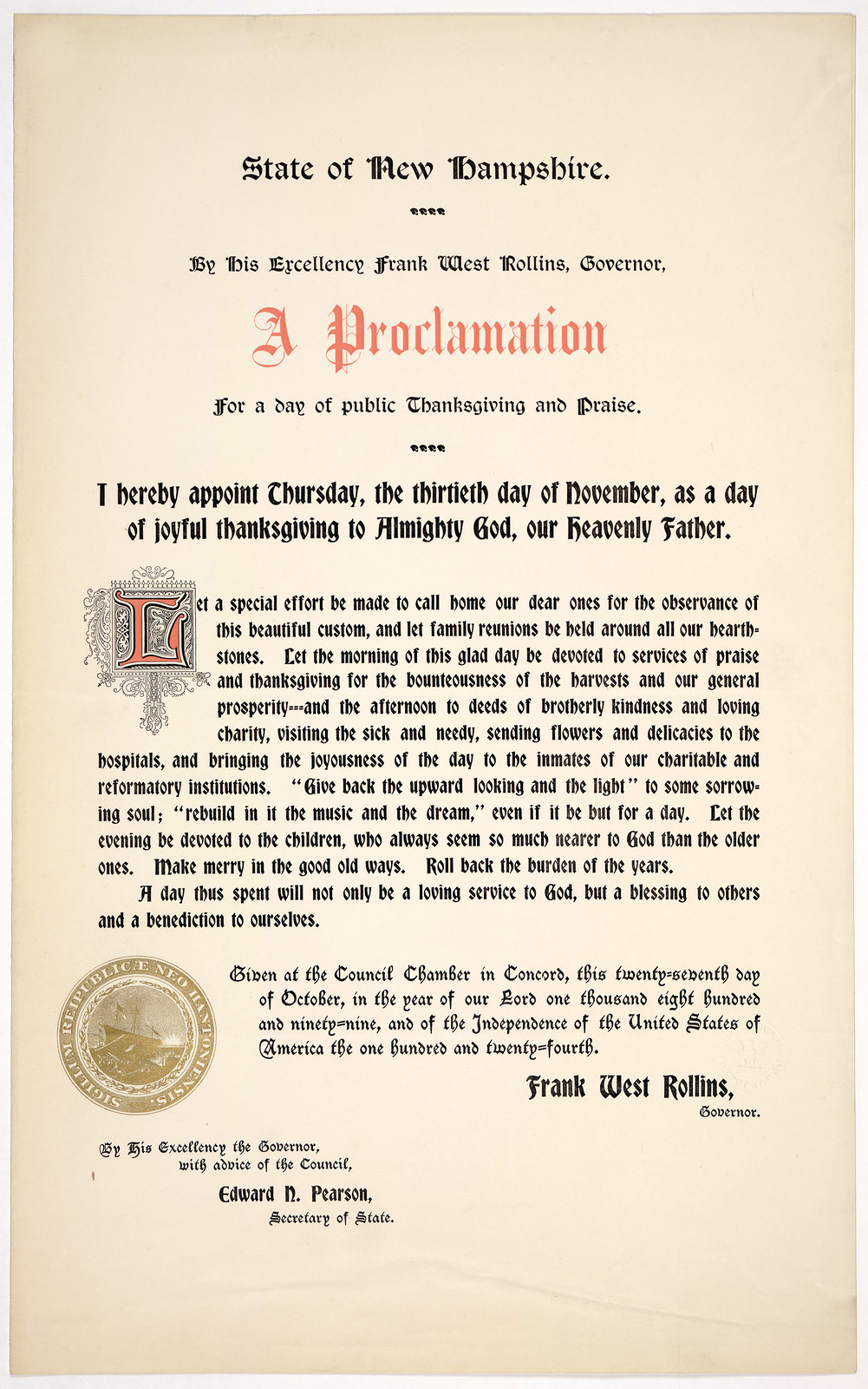 State of New Hampshire Thanksgiving Proclamation, 1899, 1899 — historic image