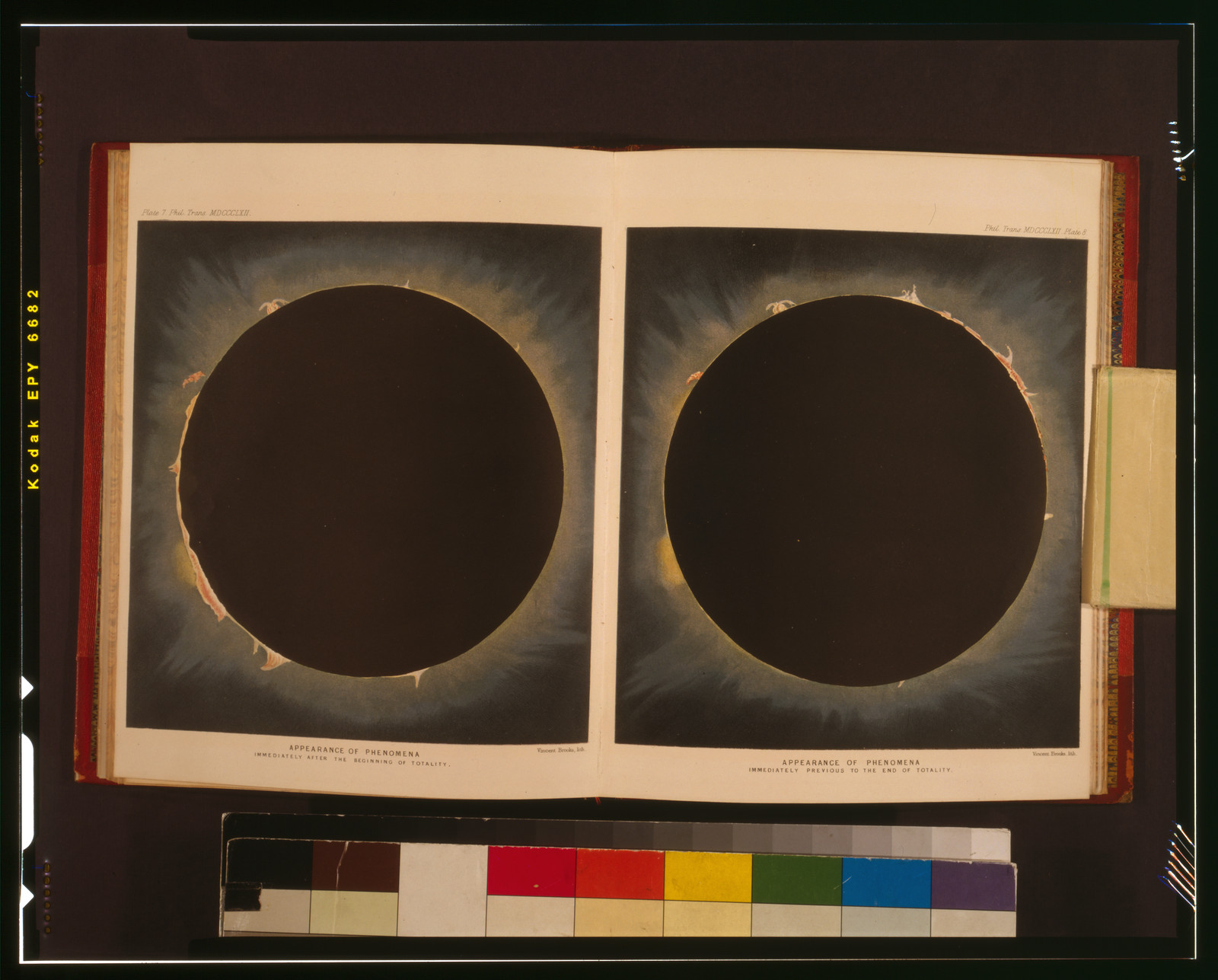 Appearance of phenomena immediately after the beginning of totality Appearance of phenomena immediately previous to the end of totality / Vincent Brooks, lith., 1862 — antique lithograph