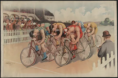Cyclists racing on a track before a crowd, color lithograph