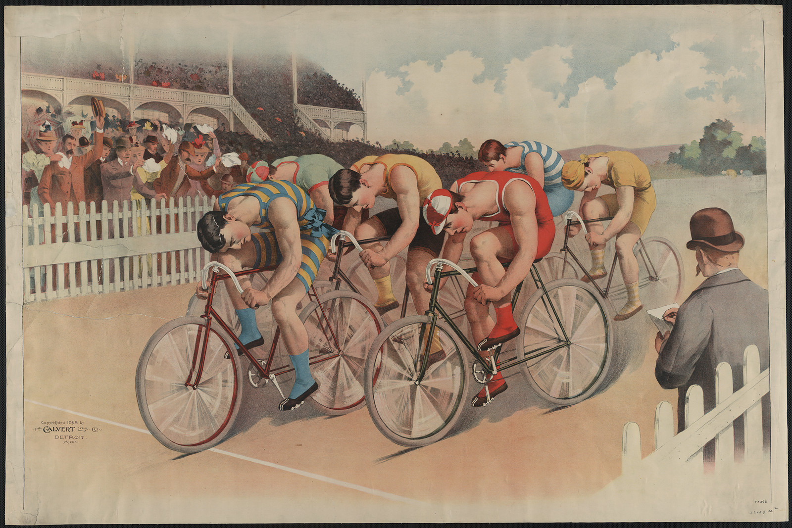 Cyclists racing on a track before a crowd, color lithograph — antique lithograph
