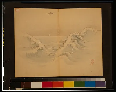 Ink and wash painting of breaking waves with a bird