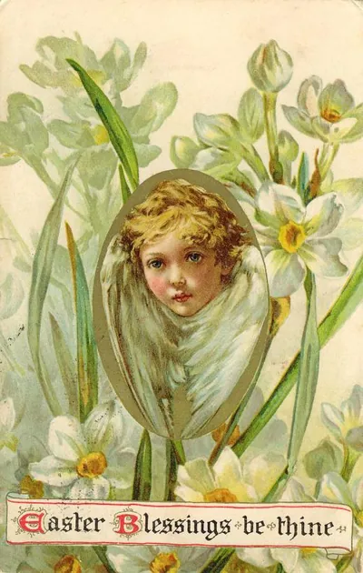 Easter Blessings be thine greeting card with child in egg