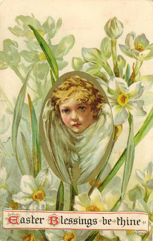 Easter Blessings be thine greeting card with child in egg — historic image