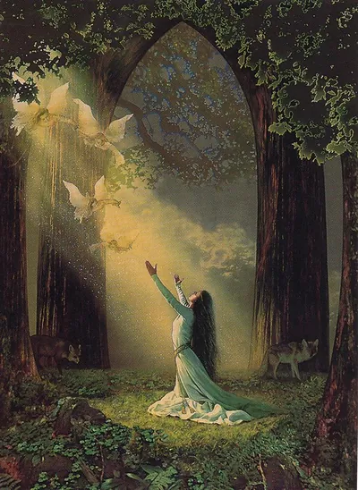 Kneeling woman with winged fairies in a forest glade