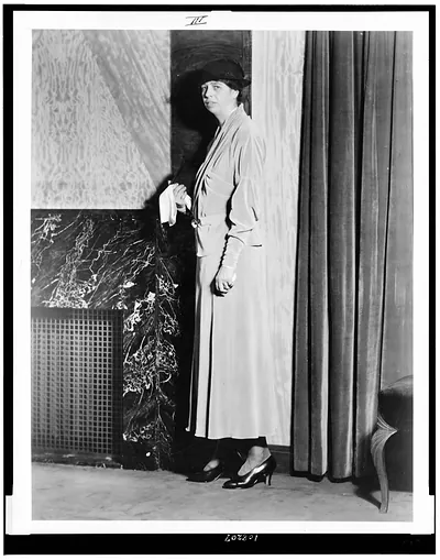 [Mrs. Eleanor Roosevelt, full-length portrait, standing, facing left, in inaugural gown]