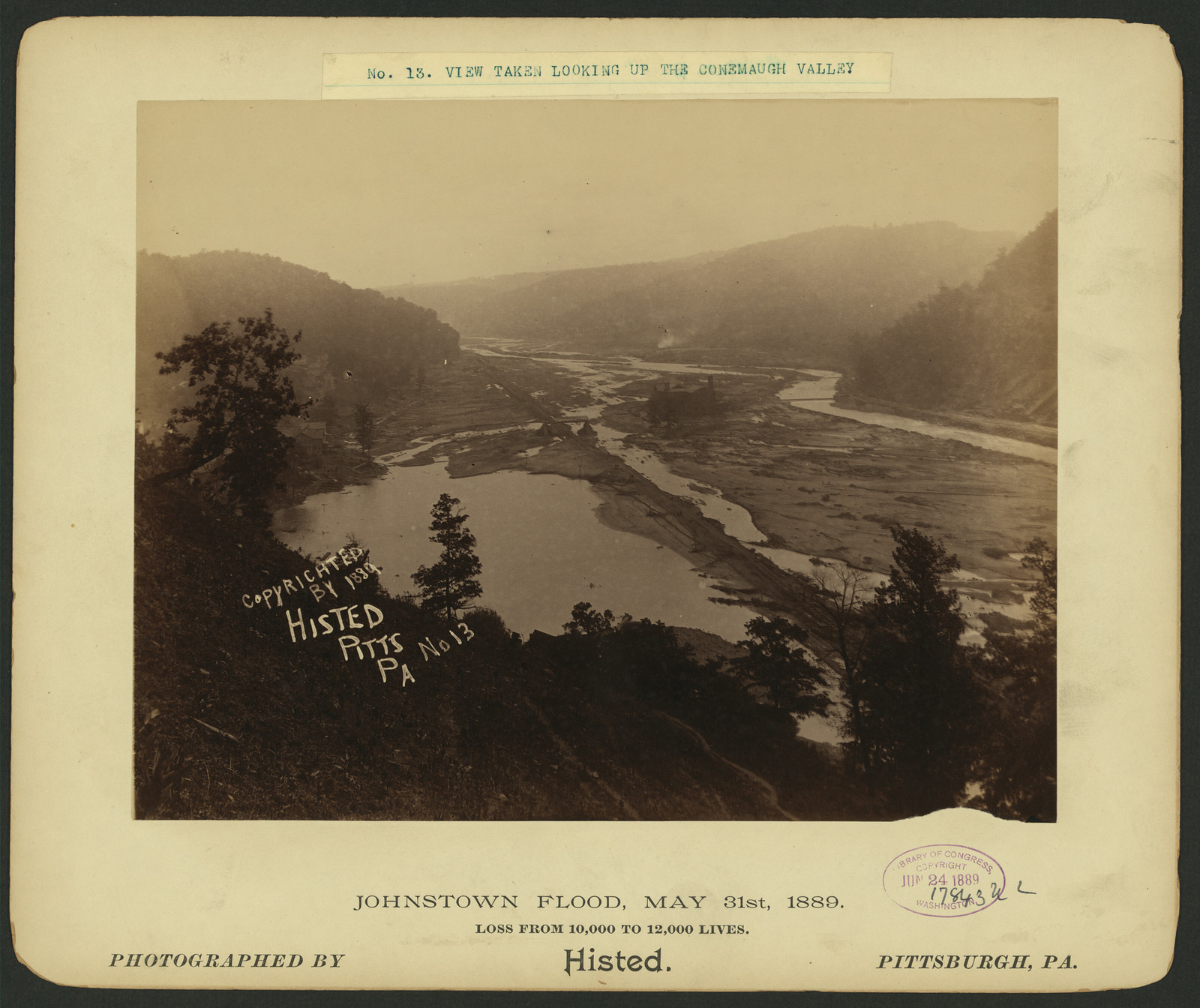 View taken looking up the Conemaugh Valley, Johnstown Flood, May 31st, 1889, 1889 — historic image