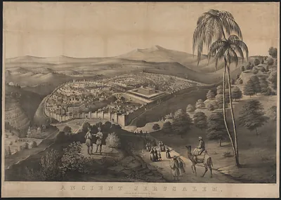 Ancient Jerusalem, lithographic view with palm trees and camel rider