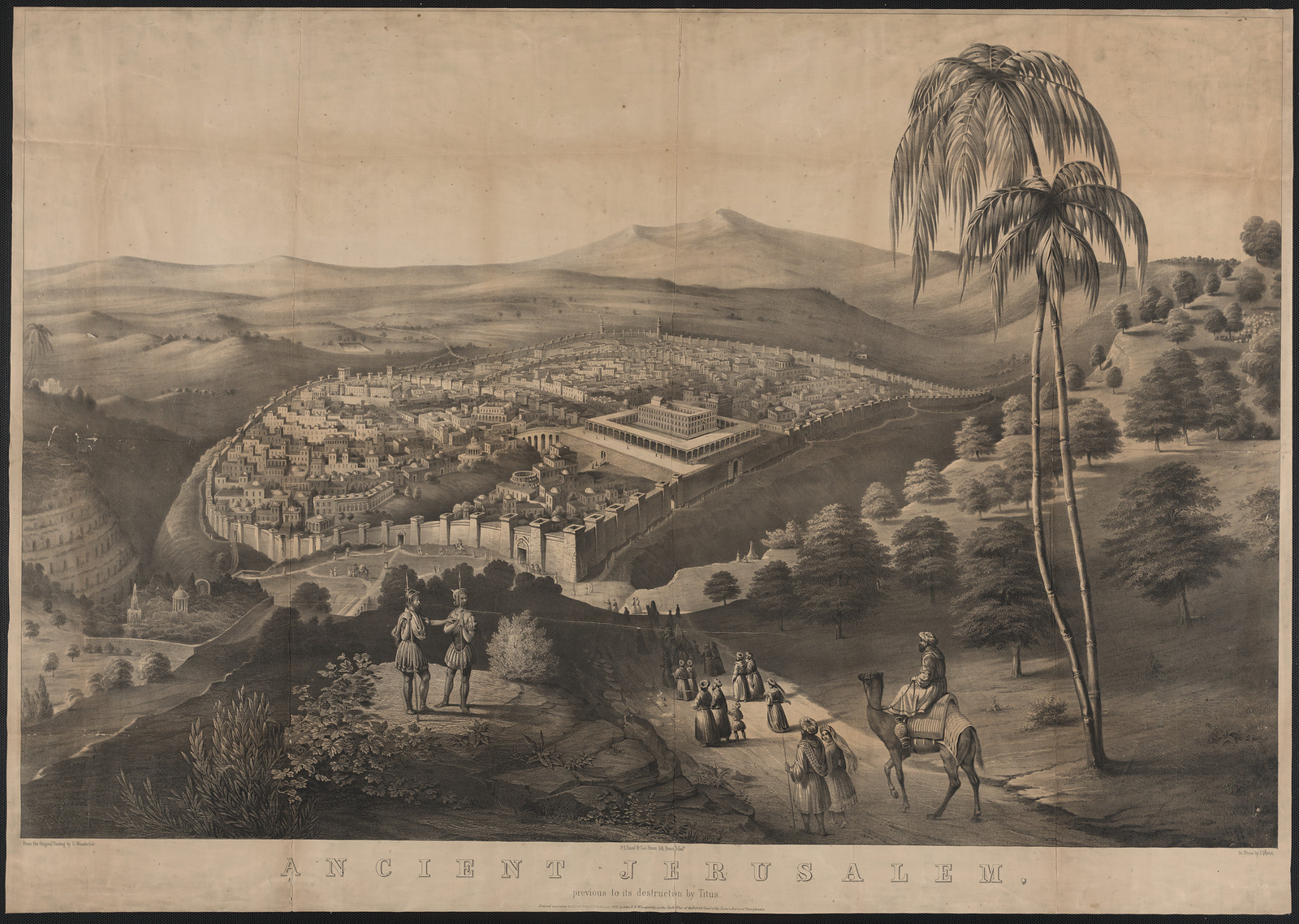 Ancient Jerusalem, lithographic view with palm trees and camel rider — antique lithograph