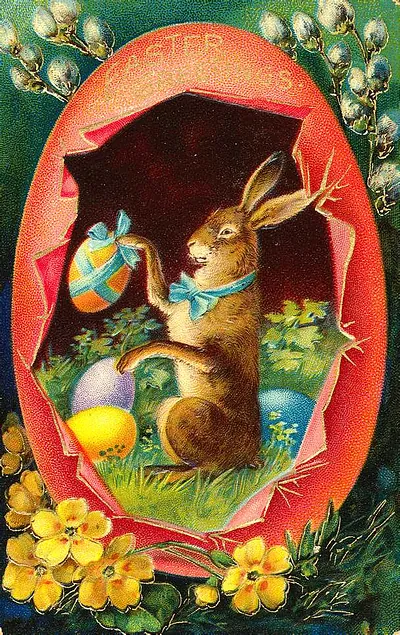 Vintage Easter card with rabbit in cracked red egg