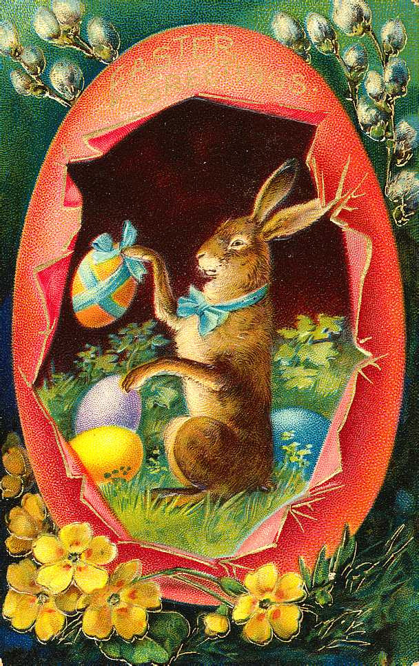 Vintage Easter card with rabbit in cracked red egg — historic image