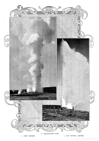 In Yellowstone Park: Giant Geyser and Old Faithful Geyser
