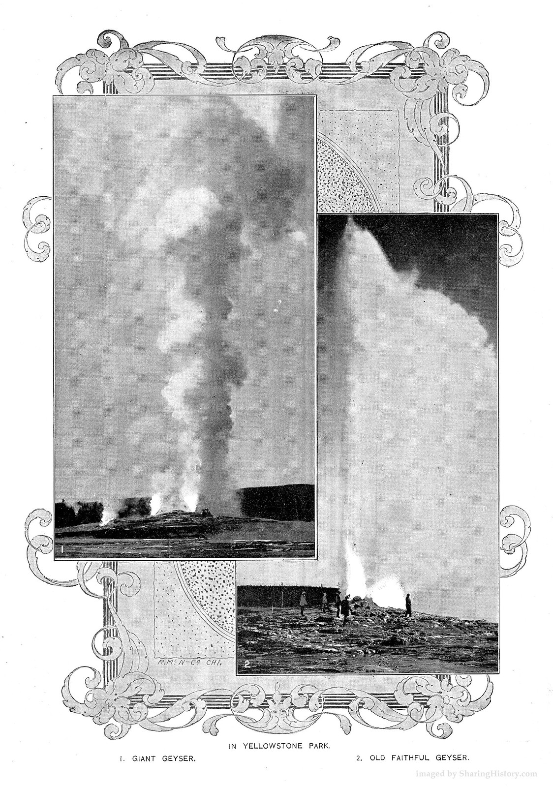 In Yellowstone Park: Giant Geyser and Old Faithful Geyser — historic image