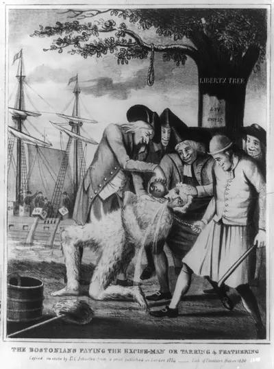 The Bostons paying the excise-man or tarring & feathering / copied on stone by D. C. Johnston from a print published in London 1774.