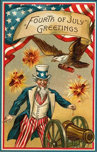 Fourth of July Greetings with Uncle Sam and eagle