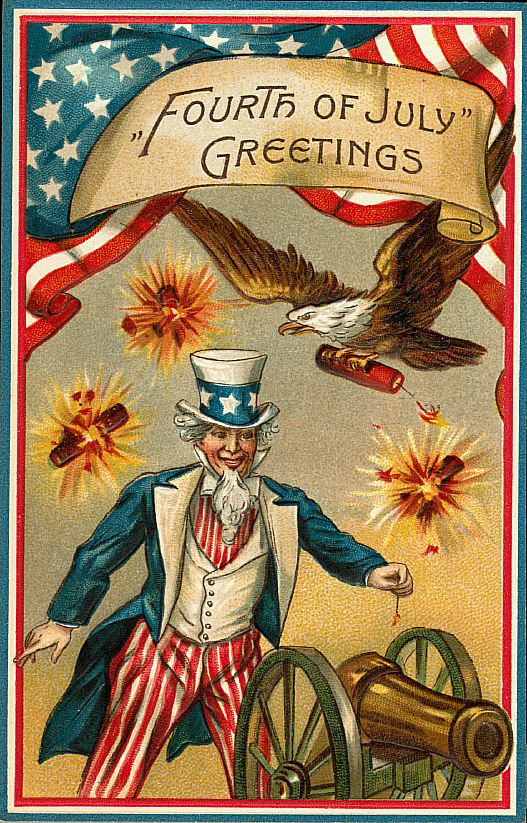 Fourth of July Greetings with Uncle Sam and eagle — historic image