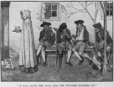 [Wood engr. from drawing by Howard Pyle which illus. his article, A Peculiar People" Oct. 1889 pp. 776-785. Dunker religion in Penna.]: [woman serving drinks to wounded Continentals]"