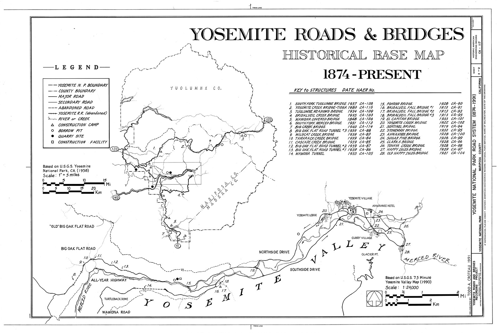 Yosemite Roads & Bridges Historical Base Map, 1874-Present — antique map