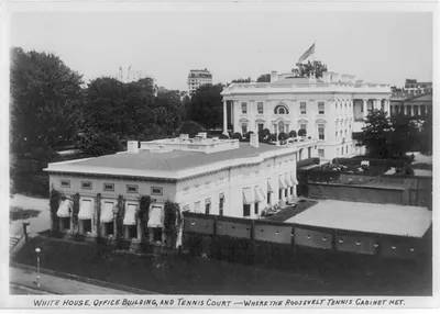 White House, Office Building, and tennis court, [Washington, D.C.] where the Roosevelt tennis cabinet met