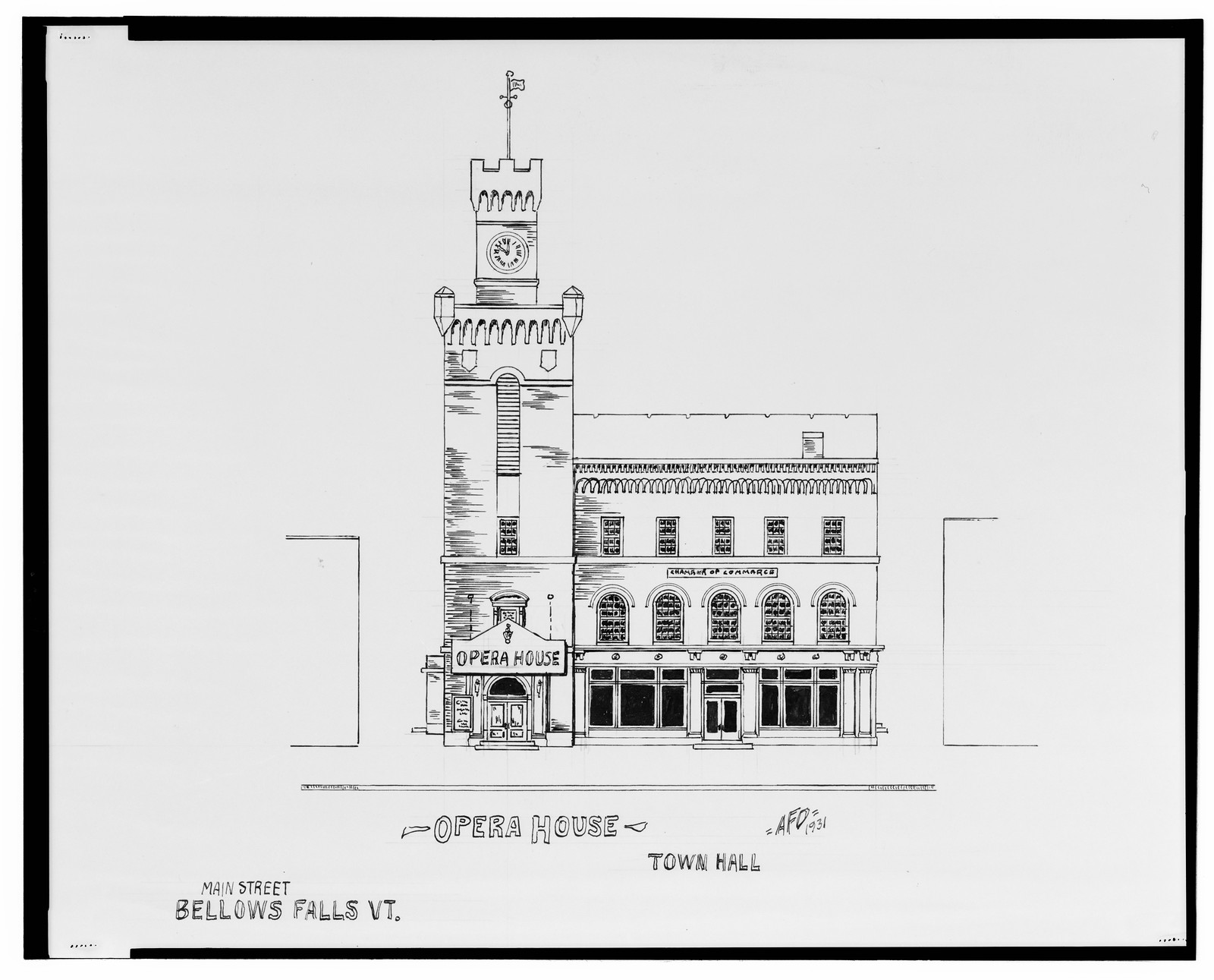 [Opera House and Town Hall, Main St., Bellows Falls, Vermont] / AFD 1931., And Engineering (ADE) Drawings — vintage poster