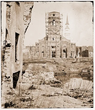 Charleston South Carolina. Ruins of Circular church St. Philips Church in the dista
