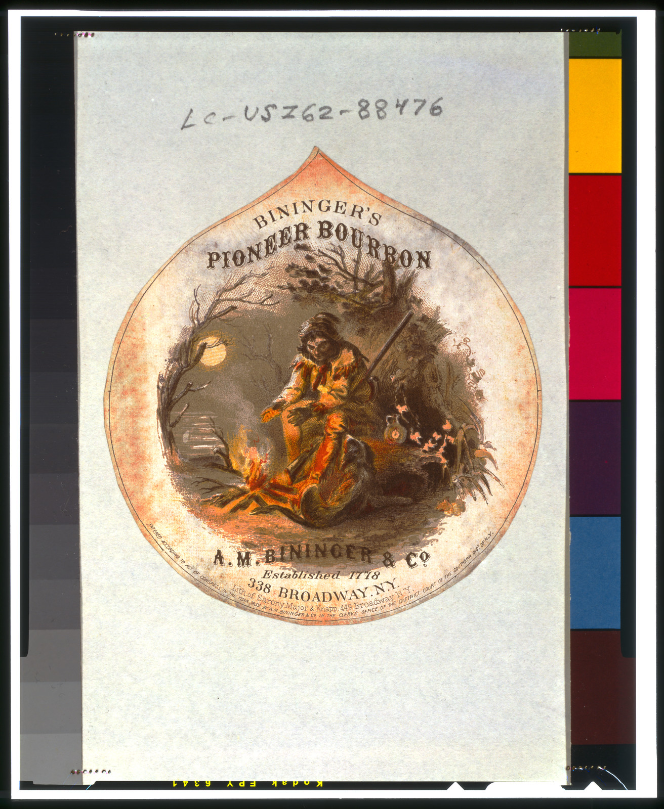 Bininger's Pioneer Bourbon, A.M. Bininger & Co. / lith. of Sarony, Major & Knapp, N.Y., c1859. — antique lithograph