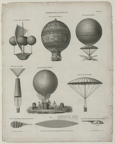 Aeronautics: engraved plate of early balloons, Plate I