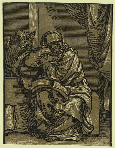 Seated woman with a book and putto, chiaroscuro woodcut
