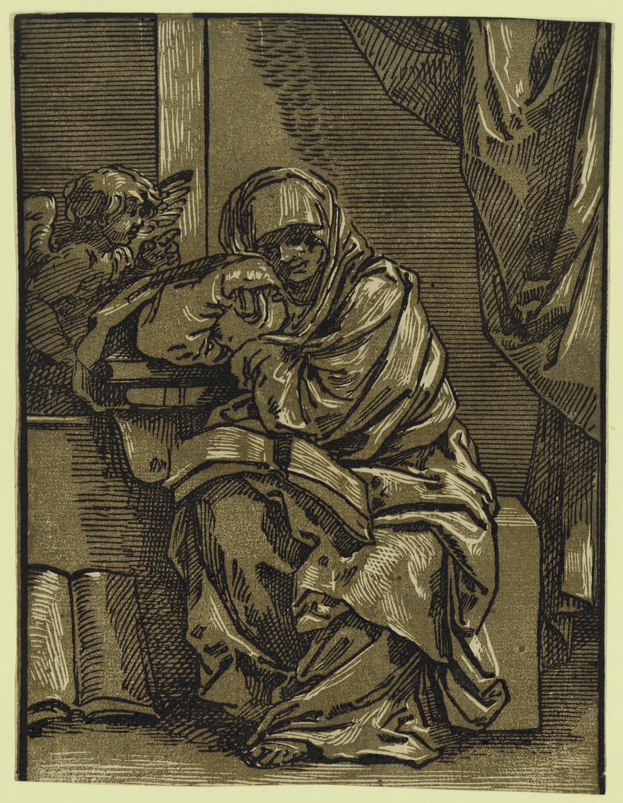Seated woman with a book and putto, chiaroscuro woodcut — historic image
