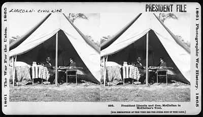 President Lincoln and Gen. McClellan in McClellan's Tent