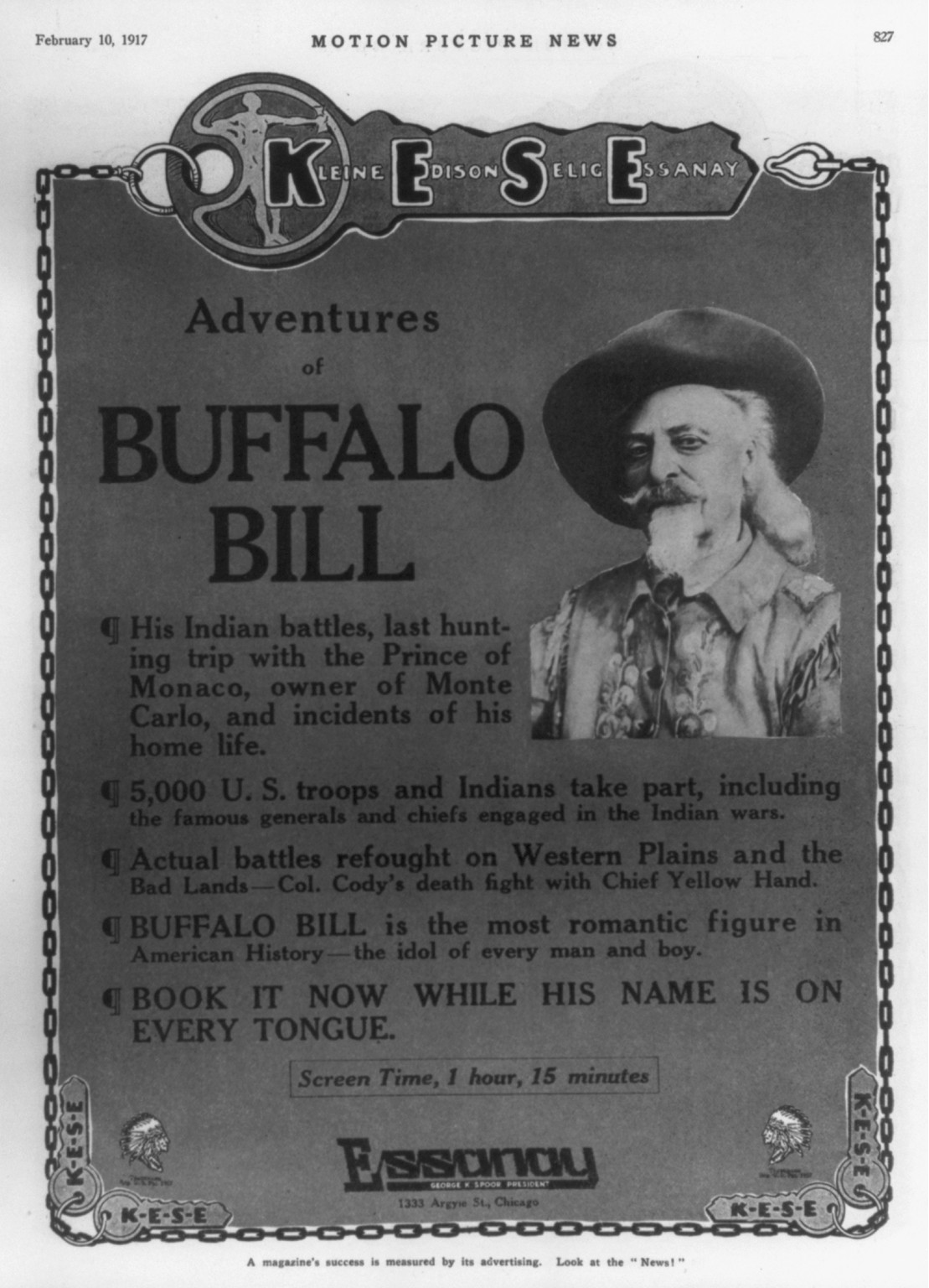 [Advertisement for the movie Adventures of Buffalo Bill illustrated with head and shoulders of William Cody], 1917 Feb. 10. — historic print