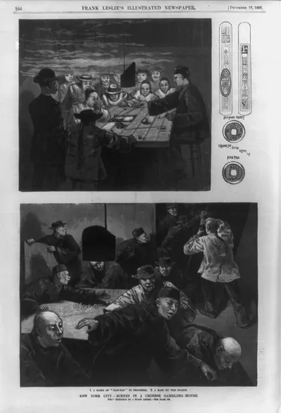 New York scenes in a Chinese gambling-house - 1. A game of Fan-Tan" in progress; 2. A raid by the police. Small drawing of Chinese playing cards and of Chinese coin used in Fan-Tan"