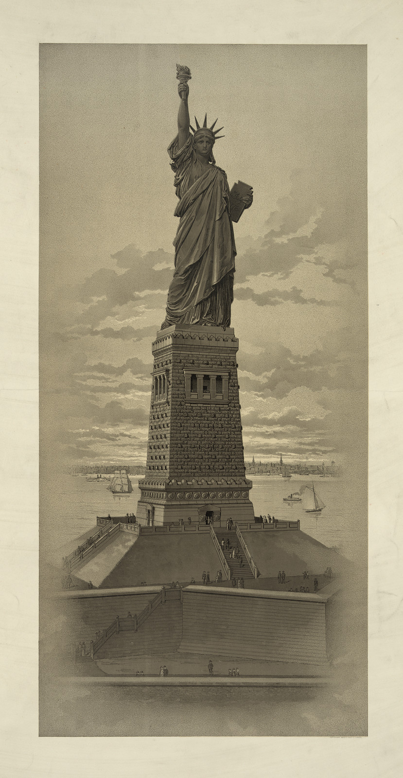 Statue of Liberty on its pedestal, sepia print with harbor view — historic print