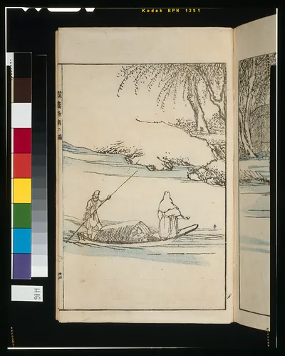 Boatman poling a boat beneath a willow by a river