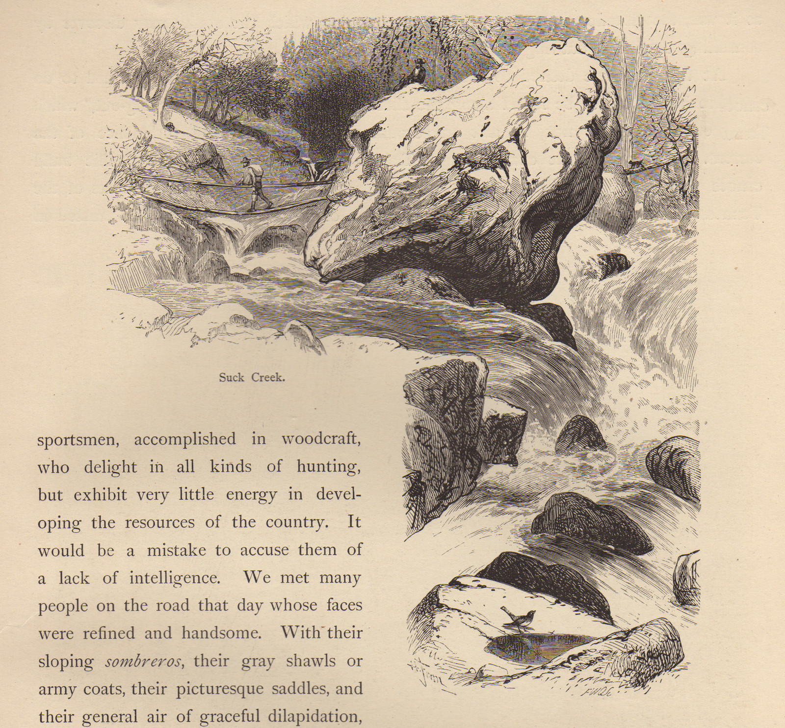 Suck Creek: rapids and a large boulder, engraving — antique engraving